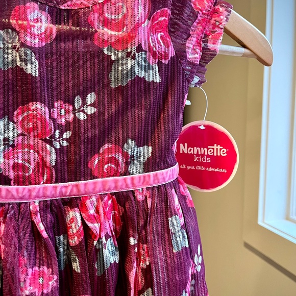 Nannette Kids Girls Pleated Tulle Overlay Velvet Ribbon Waist Rose Dress 2T 4T - Picture 2 of 8